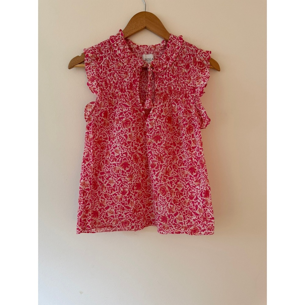 Misa Los Angeles Pink White Floral Ruffled Blouse Size X-Small